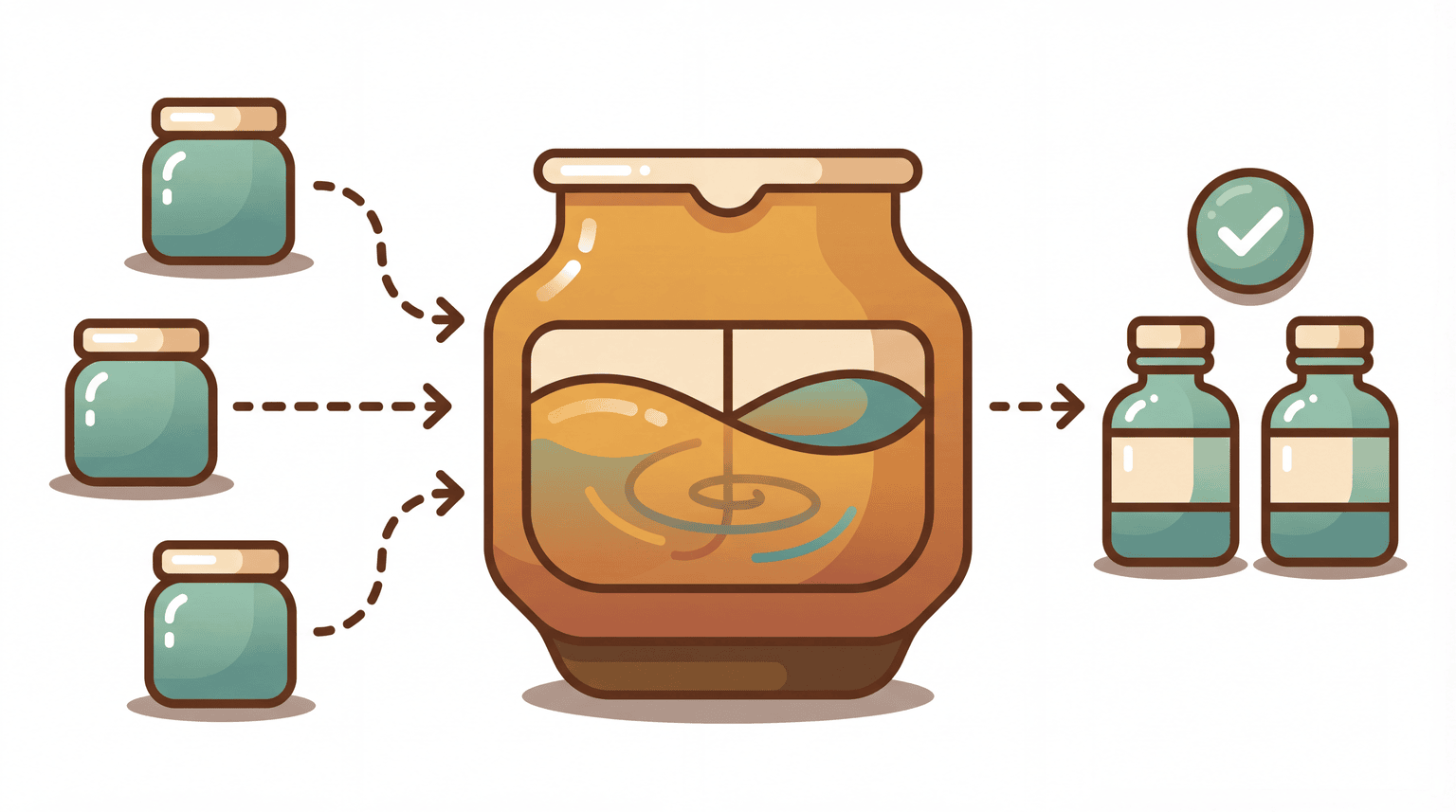 Batch production — ingredients flow into a production vessel, finished products come out with inventory updated automatically