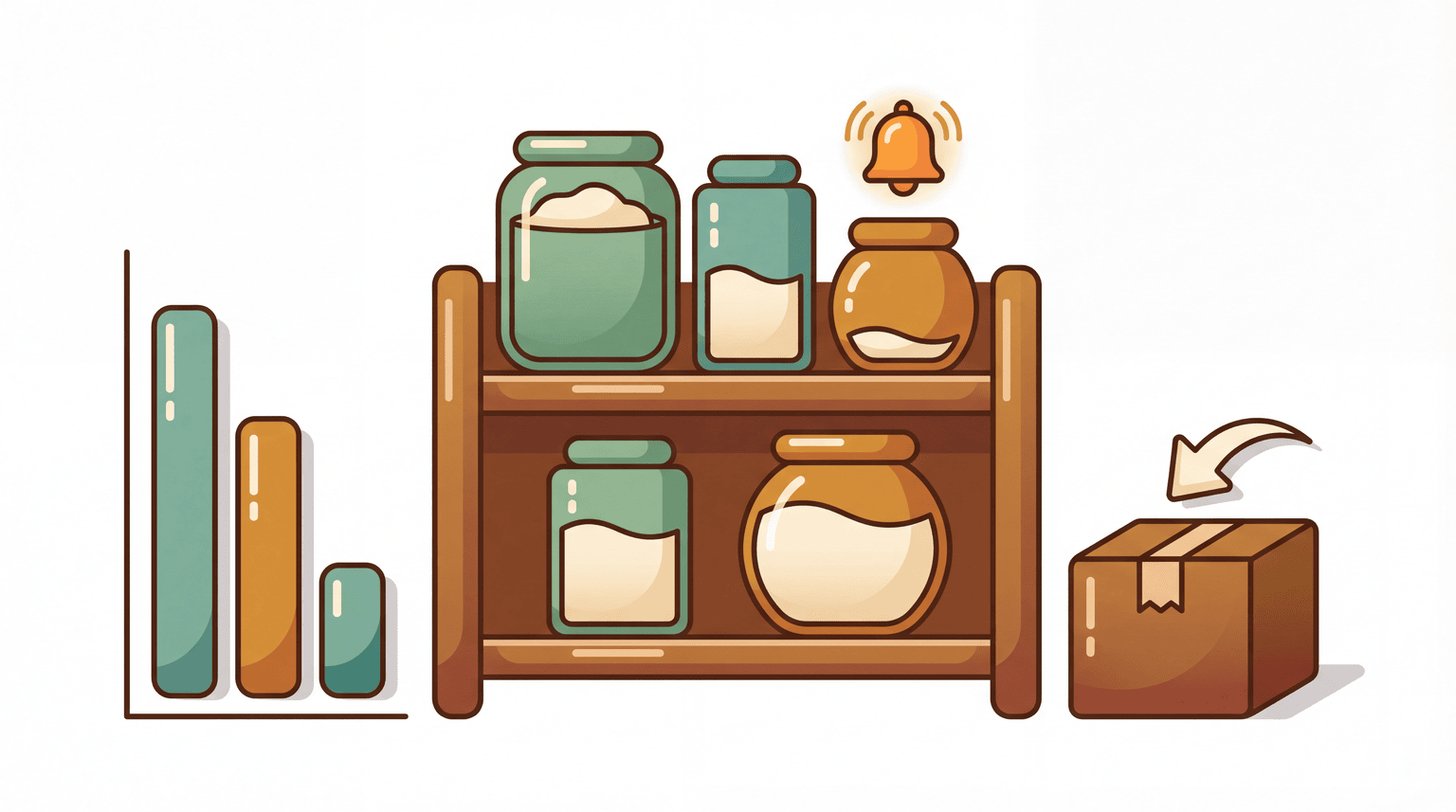 Inventory control — shelf with containers at varying stock levels, low-stock alert bell, stock level chart, and incoming delivery box